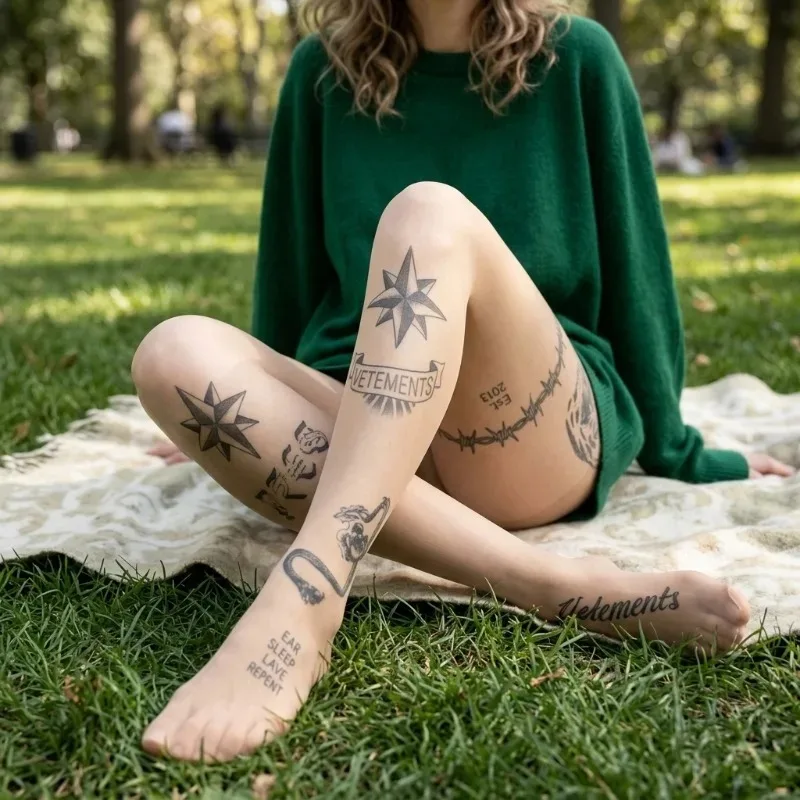 Subculture Thorn Tiger Star Tattoo Black Silk Pantyhose Transparent Naked High Waist No Trace Anti slip and Non falling