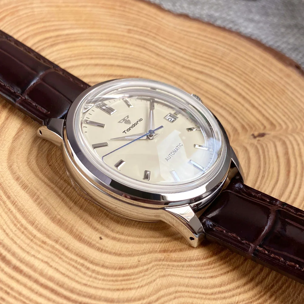 Tandorio 40mm Japanese NH35 Miyota Automatic 200M Dive Watch Men Beige Dial Bubble Sapphire Polished Case Glass Back Screw Crown