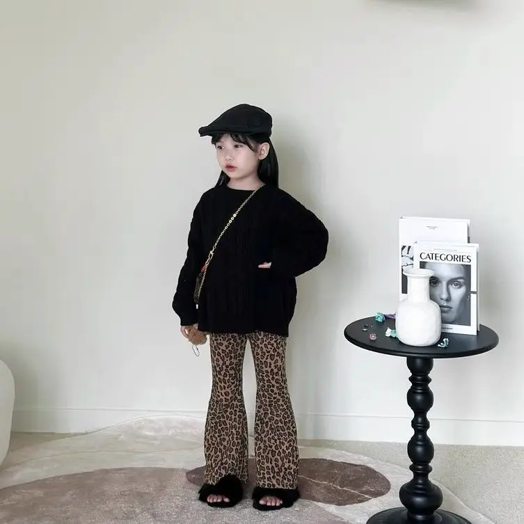 New girls' autumn and winter penny-level leopard print flared pants children's fashionable versatile trousers