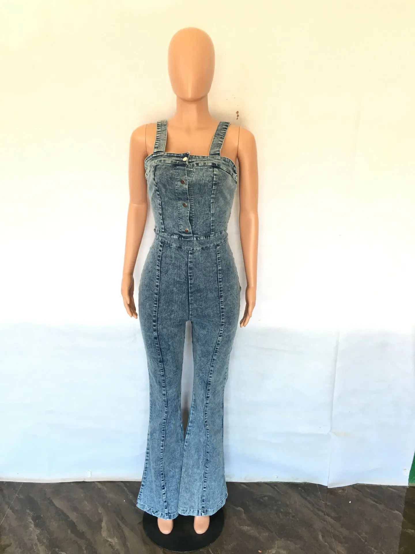 Summer Women\'s Denim Rompers Sleeveless Halter Square Collar Slim Fashion Solid Color Ladies One-Piece Flared Pants