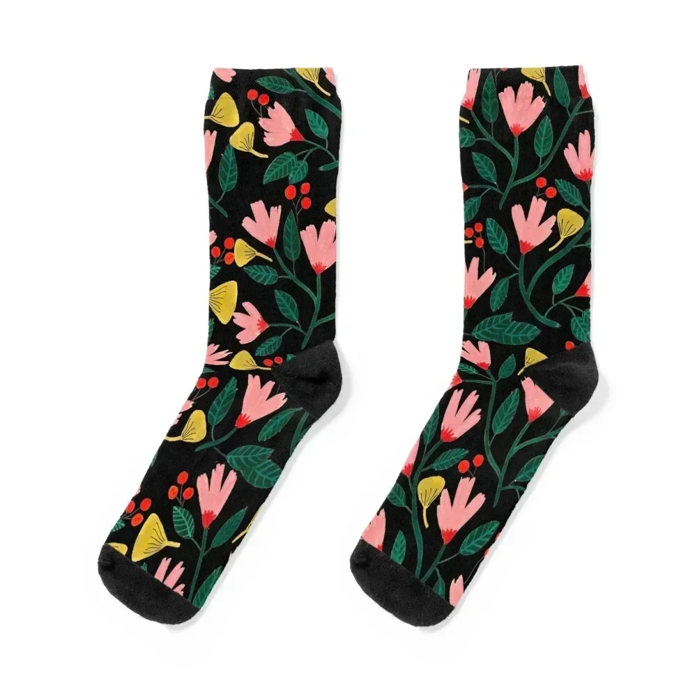 

Pink Florals on Black Socks happy Christmas Run Crossfit Men Socks Women's