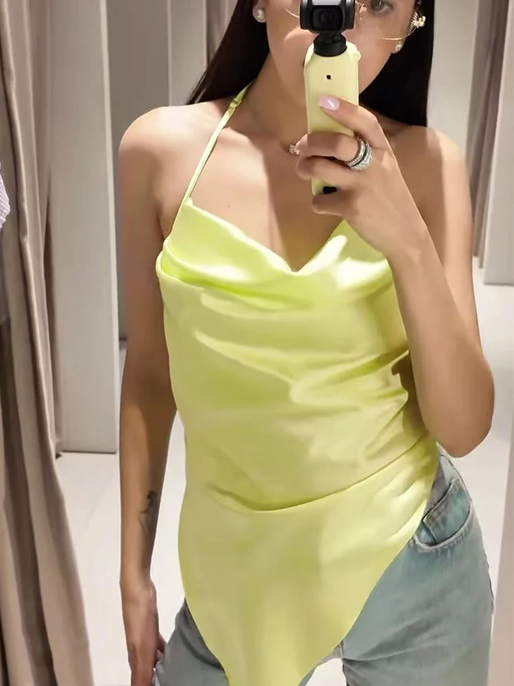 Women's Tank Tops with Tied Back Fashion Halter Neck Thin Straps Female Camis Sexy Asymmetrical Solid Color Slim Fit Tops