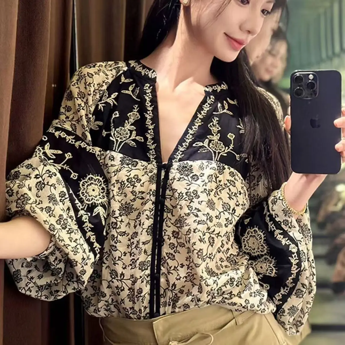 2026 Early Autumn Top Fashion Noble Lady Ethnic Printed Shirt for Women Summer Blouse Patchwork Chic Casual Loose Female Clothes