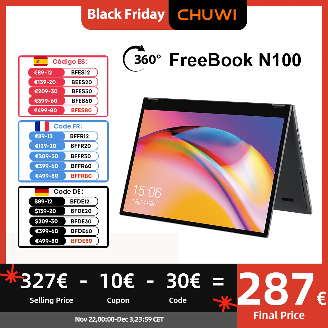 CHUWI FreeBook 360° Laptop Tablet 13.5 Inch FHD Touch Screen Windows 11 Intel N100 Quad Core 12GB LPDDR5 512G SSD WIFI6