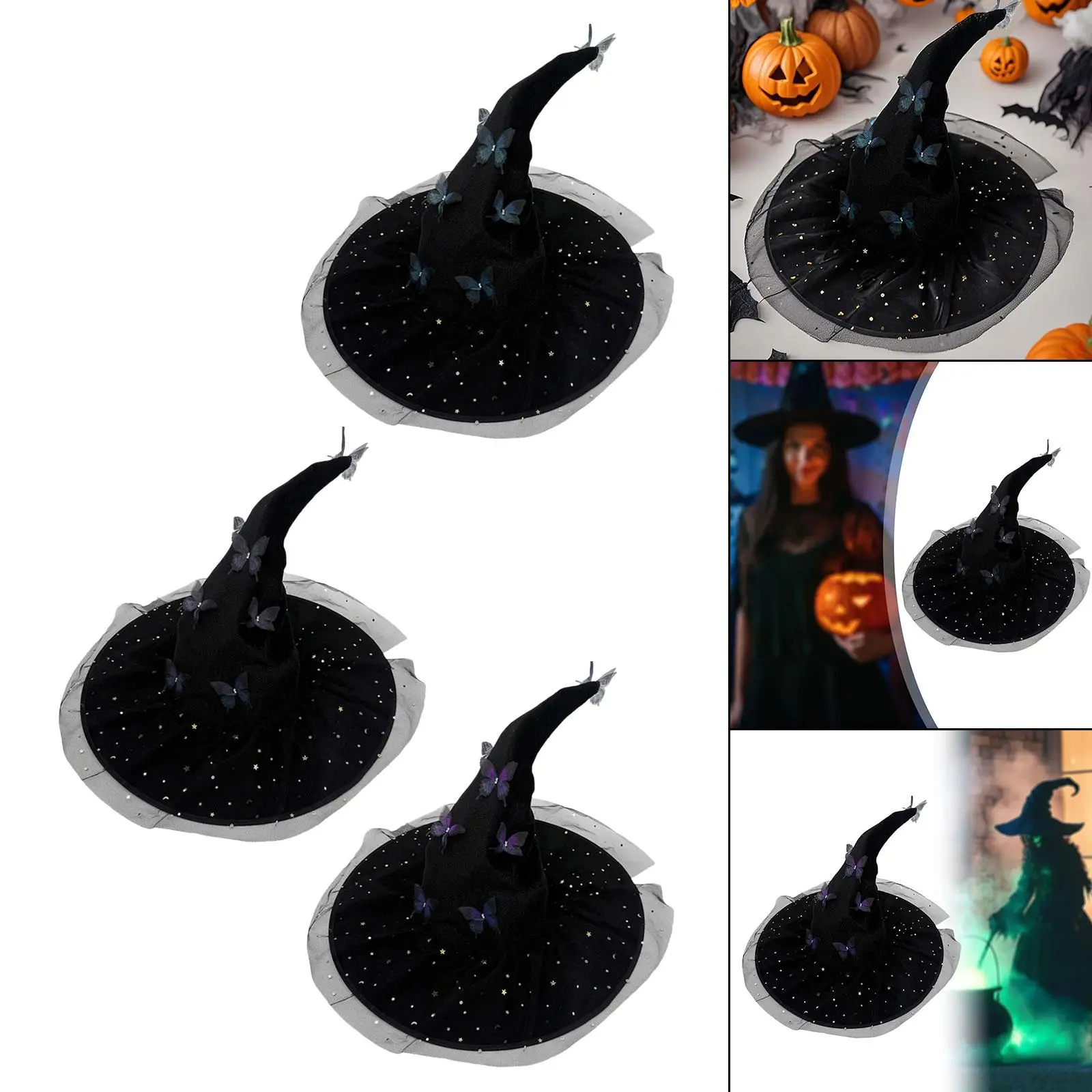 Sombrero de bruja de Halloween con mariposas y malla de estrella para fiesta de cosplay