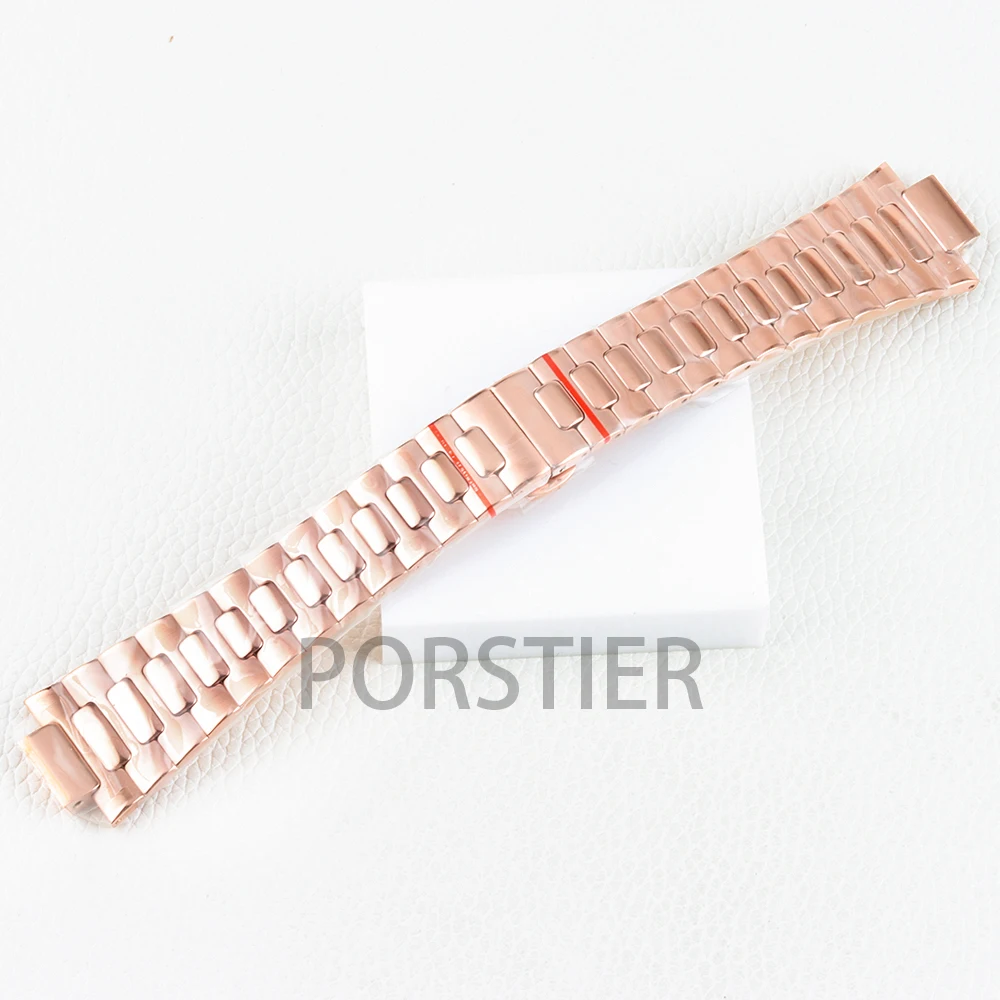 ارتفع الذهب/أسود/فضي 25 مللي متر حزام الساعات الصلبة 316L الفولاذ المقاوم للصدأ ل نوتيلوس NH35 NH36 NH38 ساعة سوار للطي مشبك