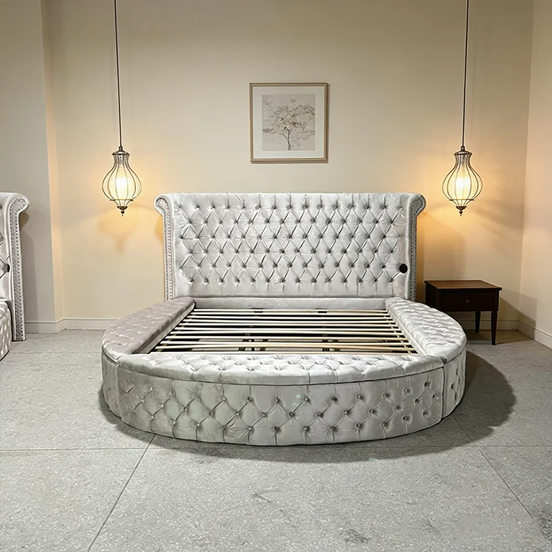 # Velvet Fabric High-end Luxury Round Bed with Large Storage and Wooden Frame Slatted Base Eco-friendly