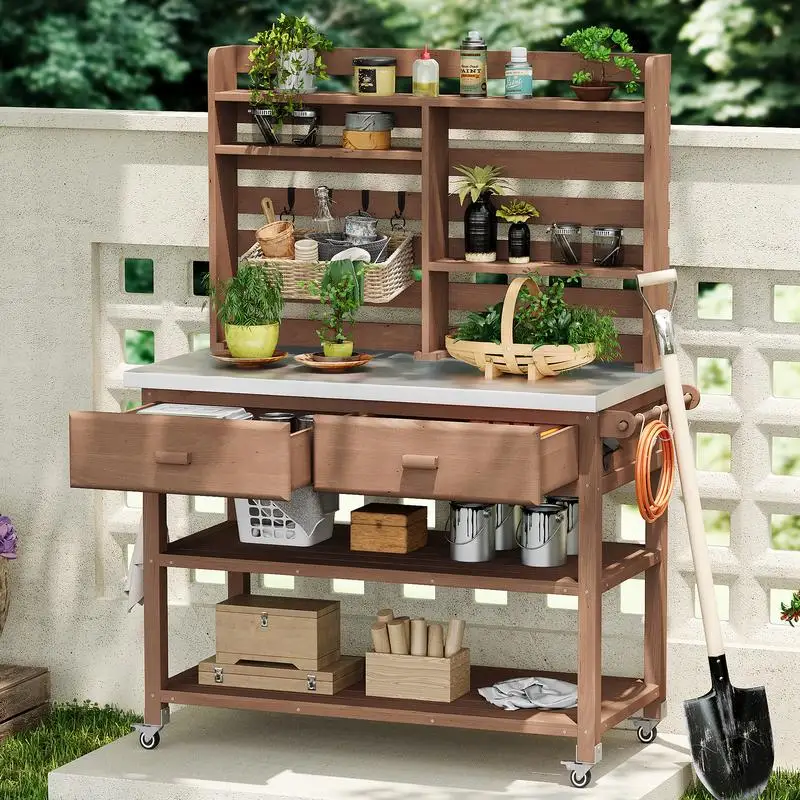 

64.9"H Outdoor Potting Bench Table with Lockable Wheels, Solid Wood Kitchen Island with Upper Hutch, Stainless Steel Top, Towel