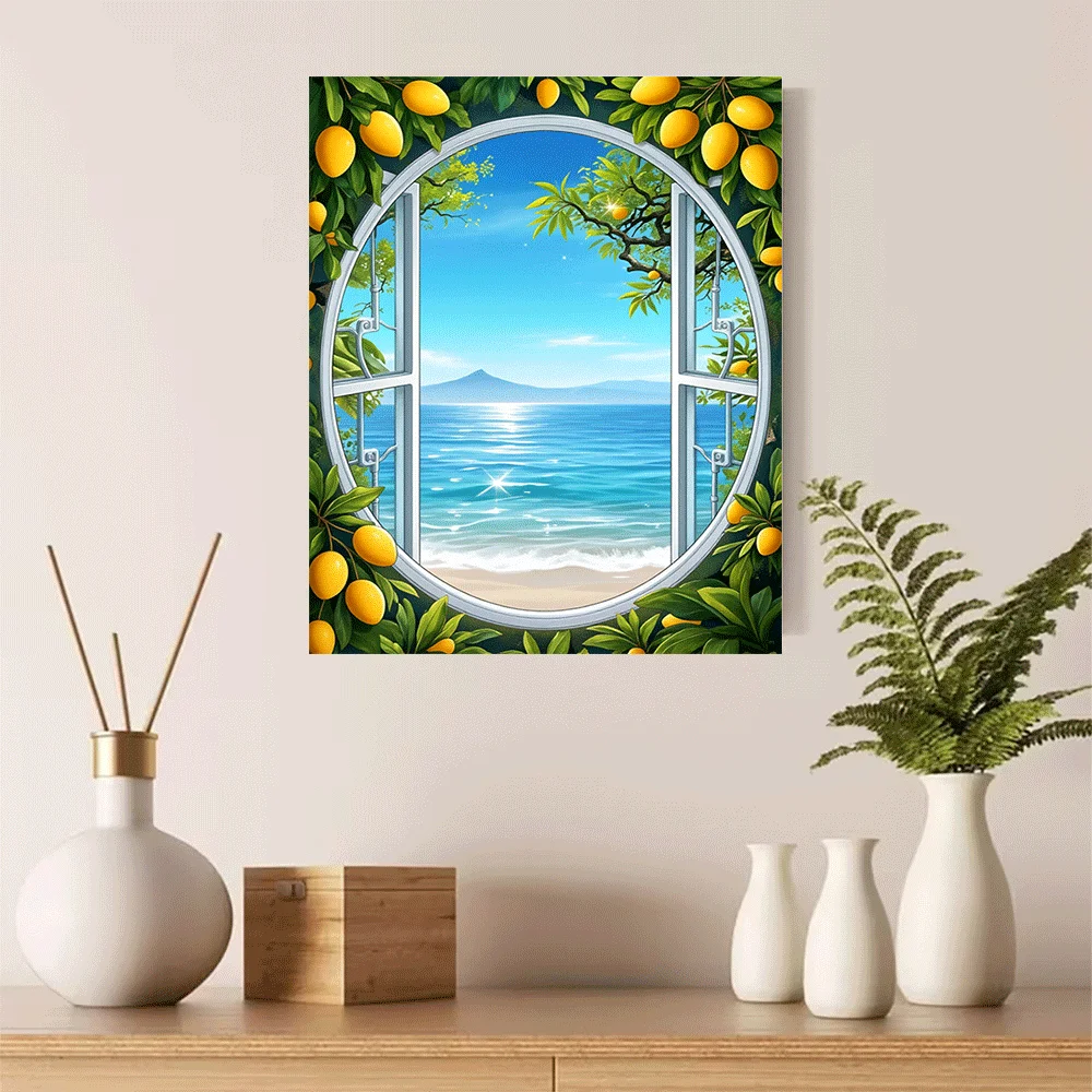 1PC-Canvas poster Unframed  Ocean View Through Lemon Tree Window Canvas Art Print  summer