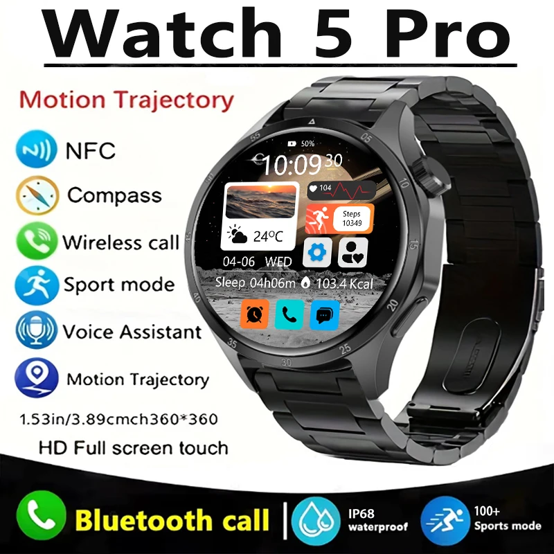 

2025 Новые часы 5PRO GPS NFC Смарт-часы Мужчины 360*360 AMOLED HD Экран Bluetooth Вызов Водонепроницаемый Компас сердечного ритма Мужские умные часы