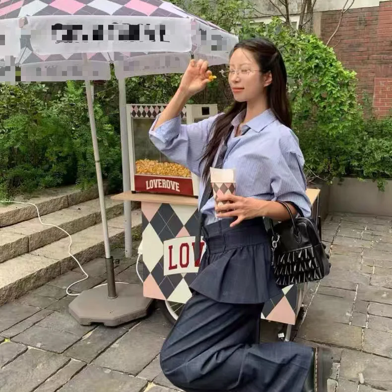 

Long Sve irt Women Casual Loose Fit Waist-Cinching Design Stripe Pattern ket Design Turn-down Collar Faionable