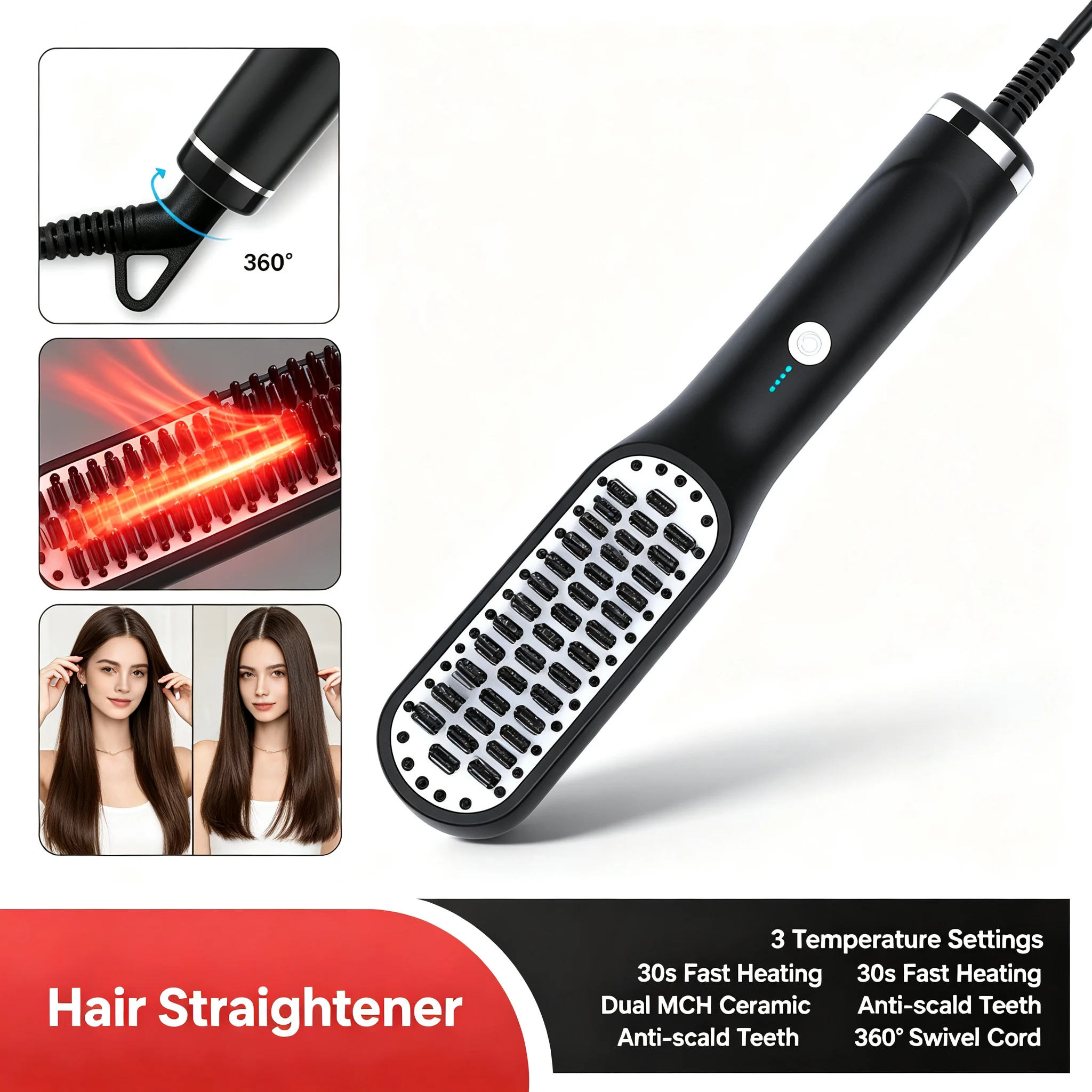 Electric Hair Straightener Brush Anti-Scald Hot Comb 3 Temp Gears 30s Fast Heating Styling Tool for Women Hair Men Beard