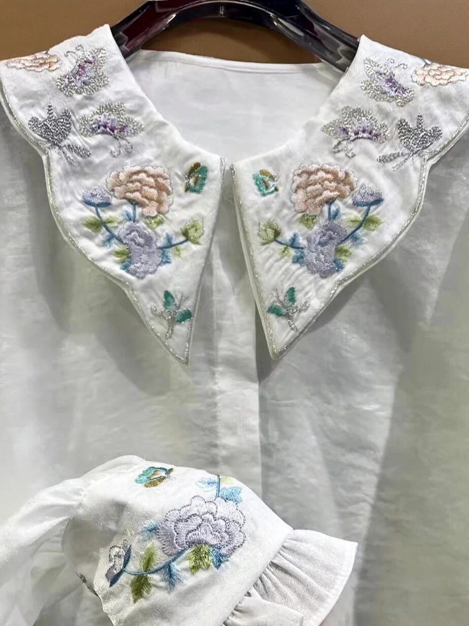 New Chinese Style Heavy Embroidery Shirt Women's Loose Slimming Top  Flower Pattern Long Sleeve Casual Elegant Fashion