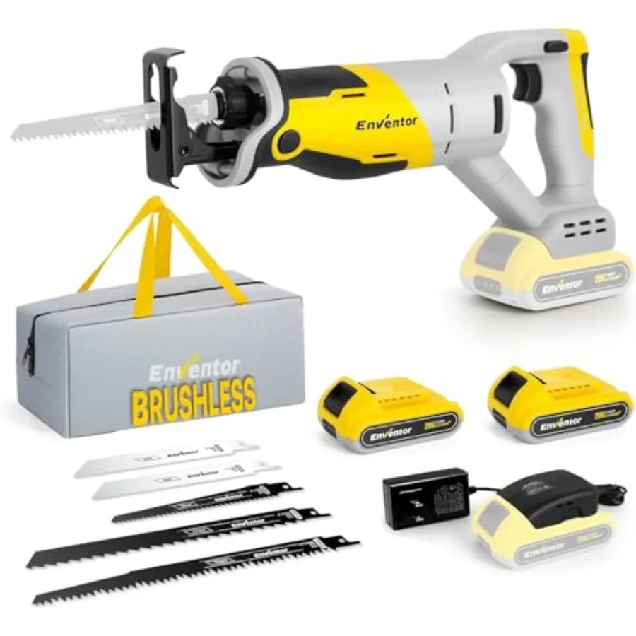 

20V Cordless Reciprocating Saw with 2 Packs 2.0Ah Batteries Fast Charger Brushless Power 5 Saw Blades for Wood Plastic