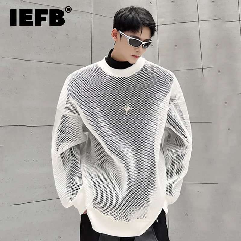 IEFB-Sudadera de manga larga para hombre, prenda de vestir masculina, con diseño de malla ahuecada, estilo coreano, a la moda, para otoño, novedad