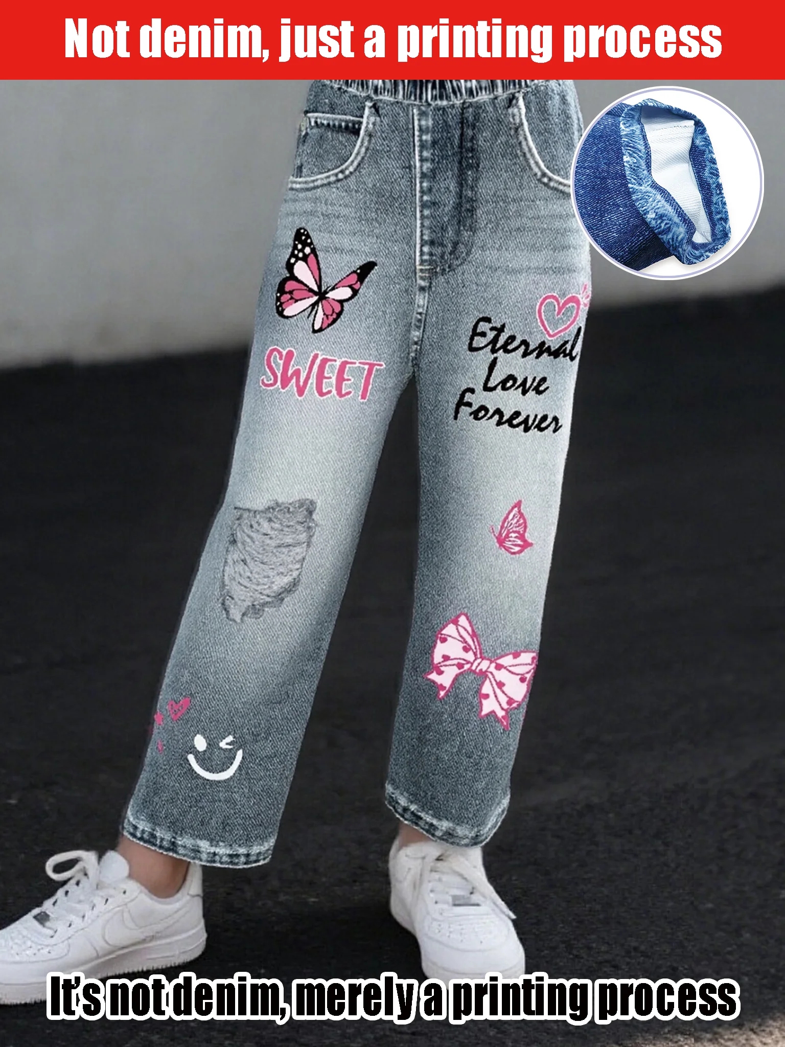 

2025 Hot Sale Girls Wide Leg Imitation Jeans - Sweet Butterfly Letter Print - Casual Daily Versatile High Waist Elastic Pants