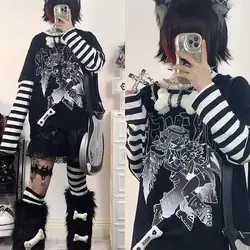 Punk Harajuku Tshirts Striped Patchwork Fake Two Piece Set Long Sleeve Pullover Y2k Tops Streetwear Hoodies Girls Anime T-shirts