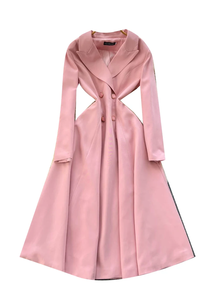 Retro Damesachtige Double-Breasted Pak Kraag Windjack Dr Afslanken Hoge Taille A-lijn Rok Lange Sve Herfst Winter Dr