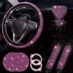 9PCS Full Diamond Steering Wheel Cover Car Interior Set  Belt Shoulder Pad Starter Ring & Shift Protector Auto Accessories