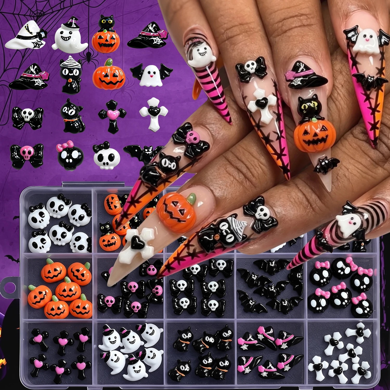 1 Box Halloween Nagelkunst-Dekorationen 3D Harz Niedliche Geister, Kürbisse, Fledermäuse, Totenköpfe Nagelcharms Schwarz Rosa Nagelzubehör für Frauen und Mädchen