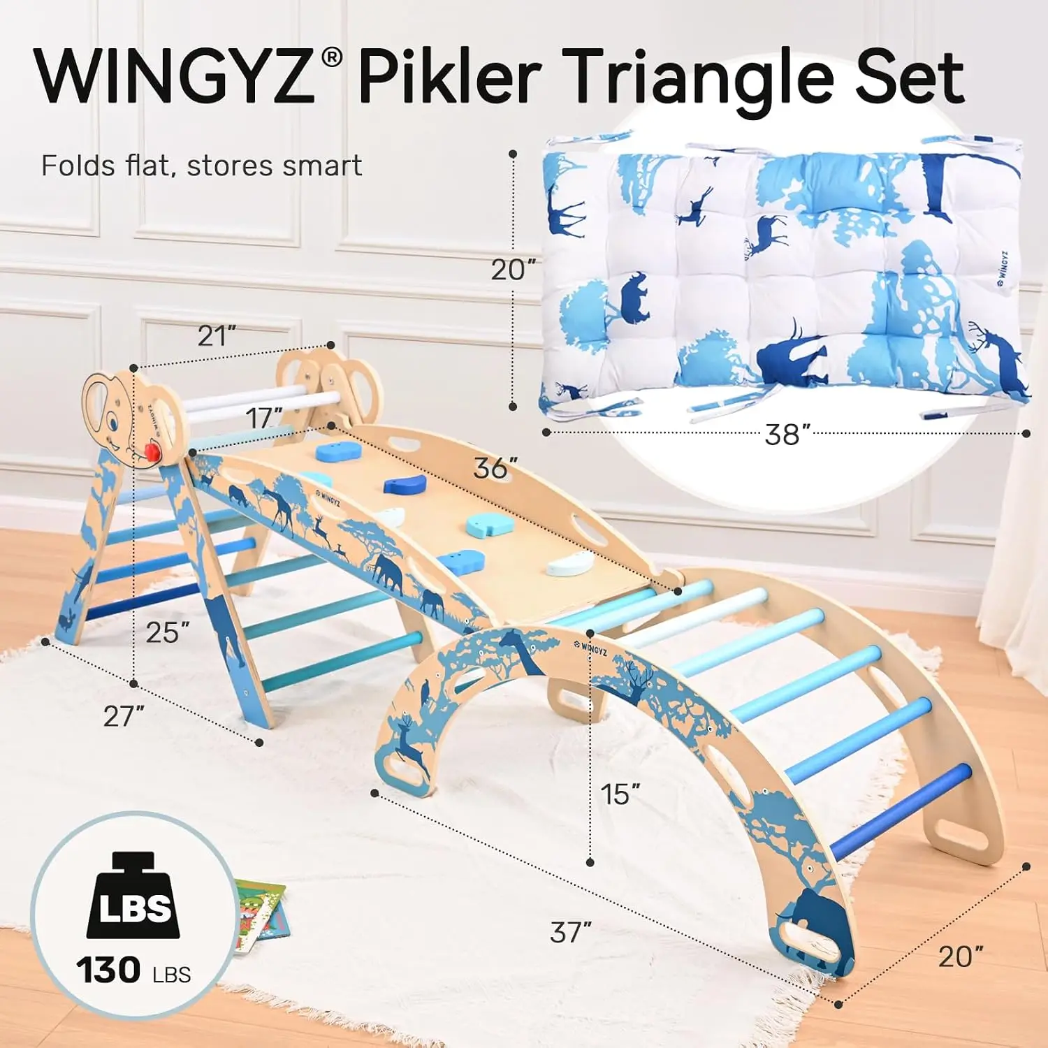 WINGYZ Pikler Triangle Set, Montessori Foldable 8-in-1 Jungle Gym with Reversible Animal Slide, Patent-Protected Climbing Set, S