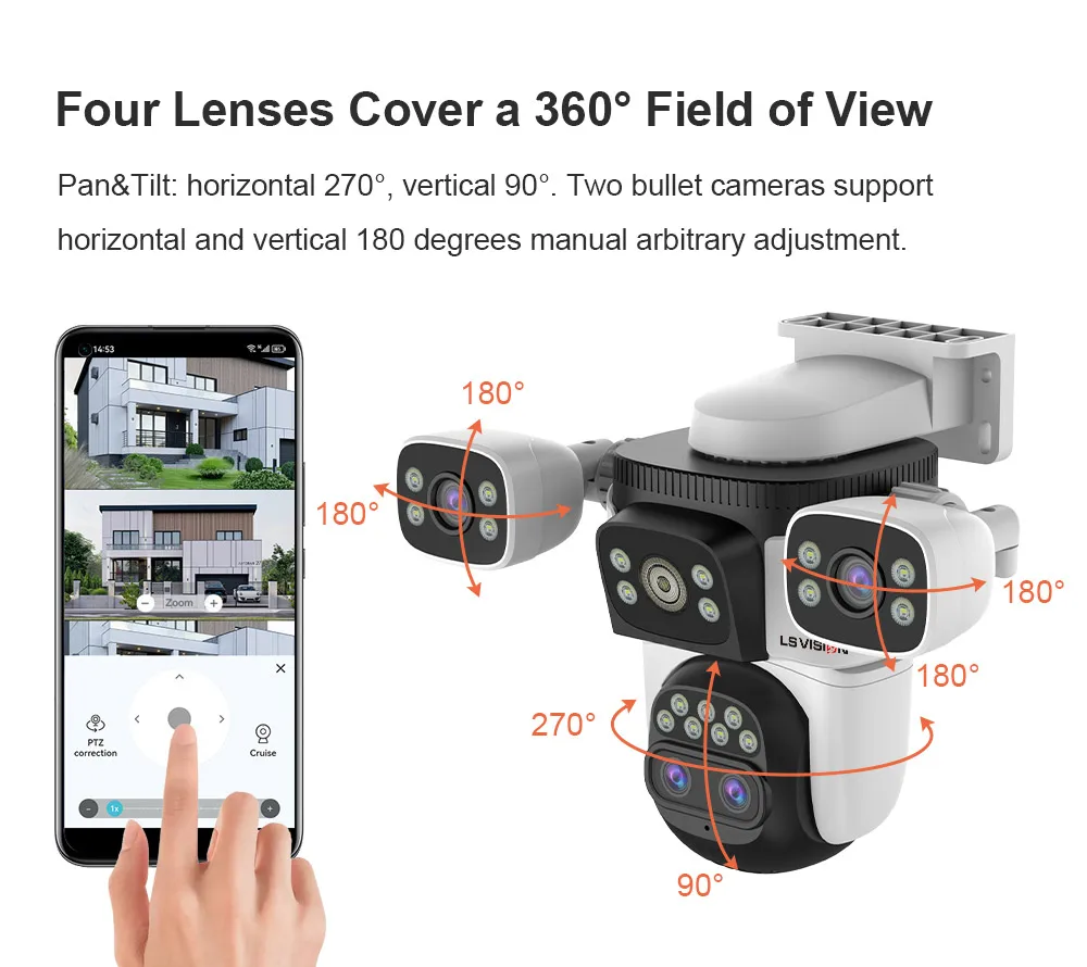 LS VISION 20MP 3-Screen 4-Lens 10X Optical Zoom WiFi Wireless Outdoor Security Camera PTZ with Auto-Tracking Surveillance Camera