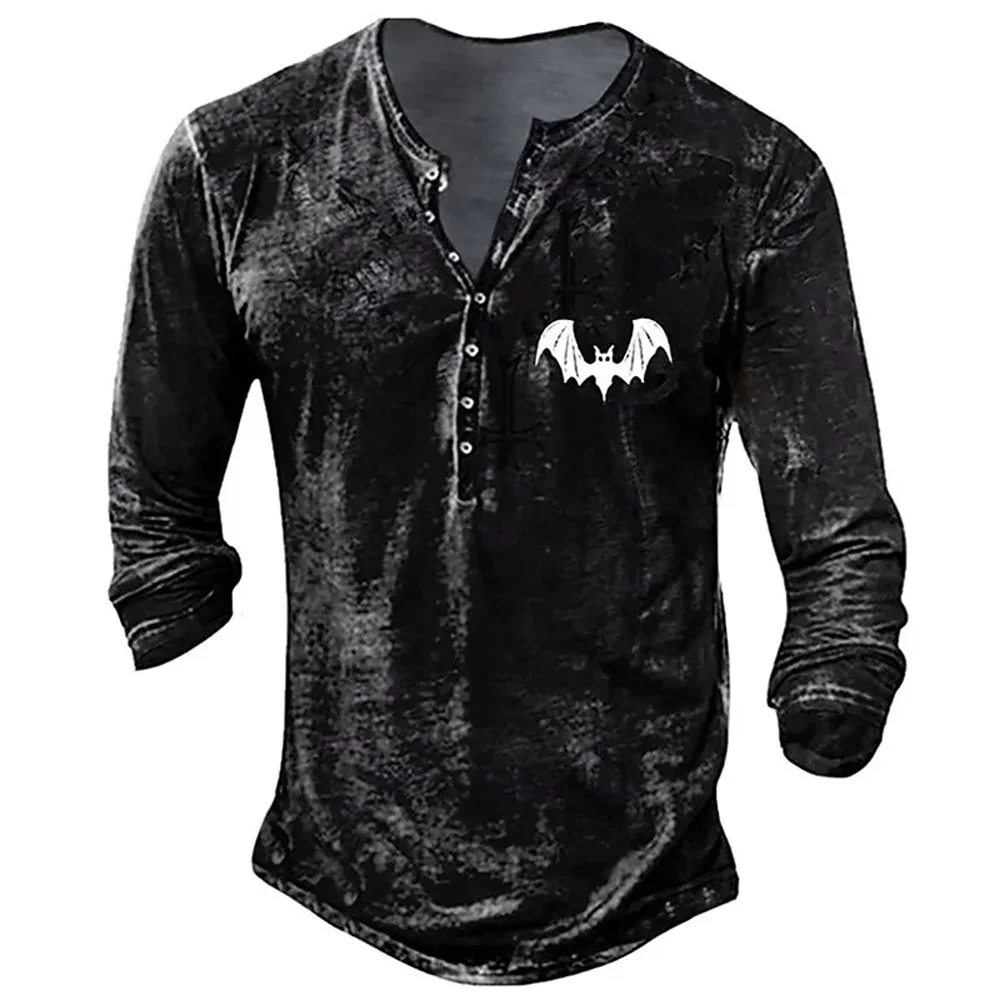 

New 3d Bat Pattern Long Sleeve Top Mens Oversized Loose Casual Clothing Winter V-Neck Seven Button T-Shirt Mens Quick Dry Tops