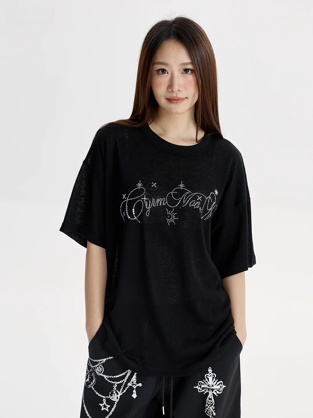 CYRM Loose Fit Thin Short Sleeve T-Shirt Glitter Print Casual Dance Top for Women Comfortable Breathable Cotton Blend Summer