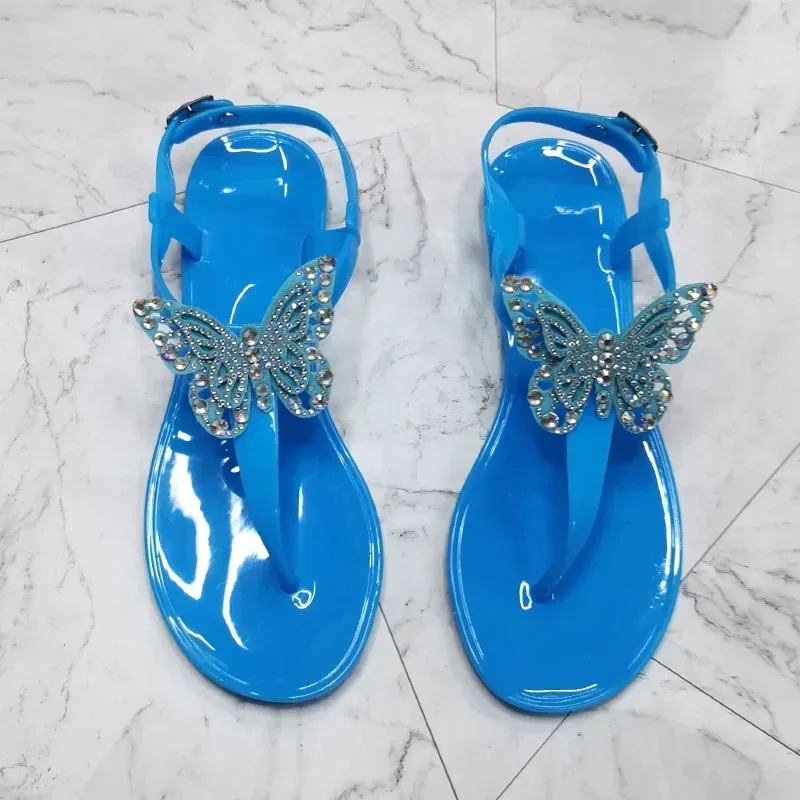 2024 novo verão feminino plana praia brilhando strass borboleta sandálias t-cinta tanga flip flops chinelos sapatos femininos