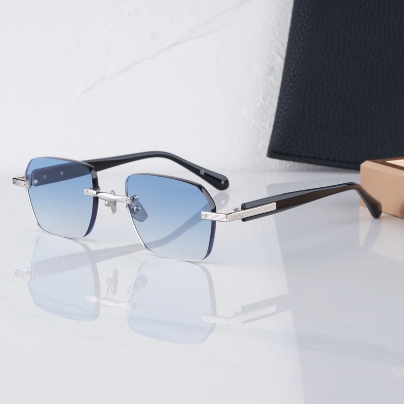 

Handmade Rimless Sunglasses UV400 Top Quality Fashion Design Square Irregular Alloy Acetate Gradient Classical Glasses with Case