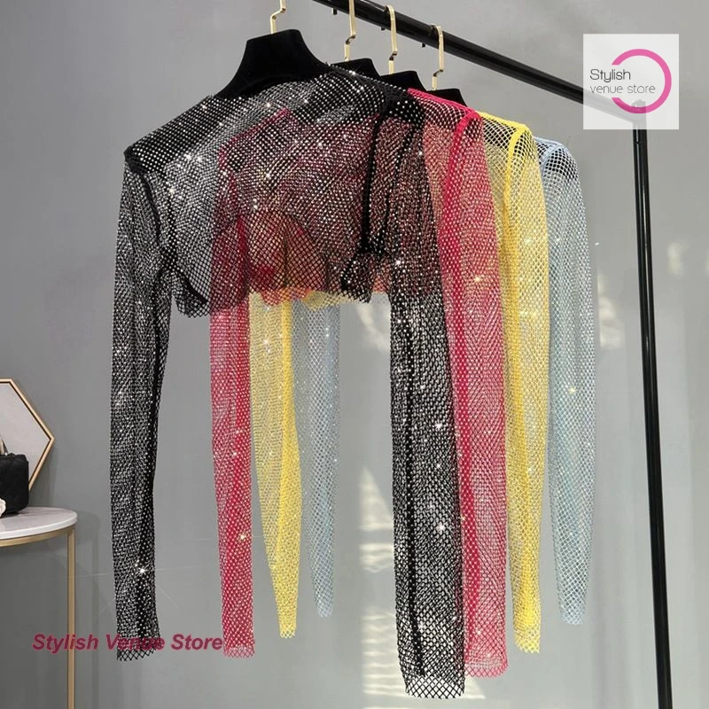 

Korean sexy colored diamond half-top women's summer thin net drill outside the sun-proof long-sleeved casual Joker vest.