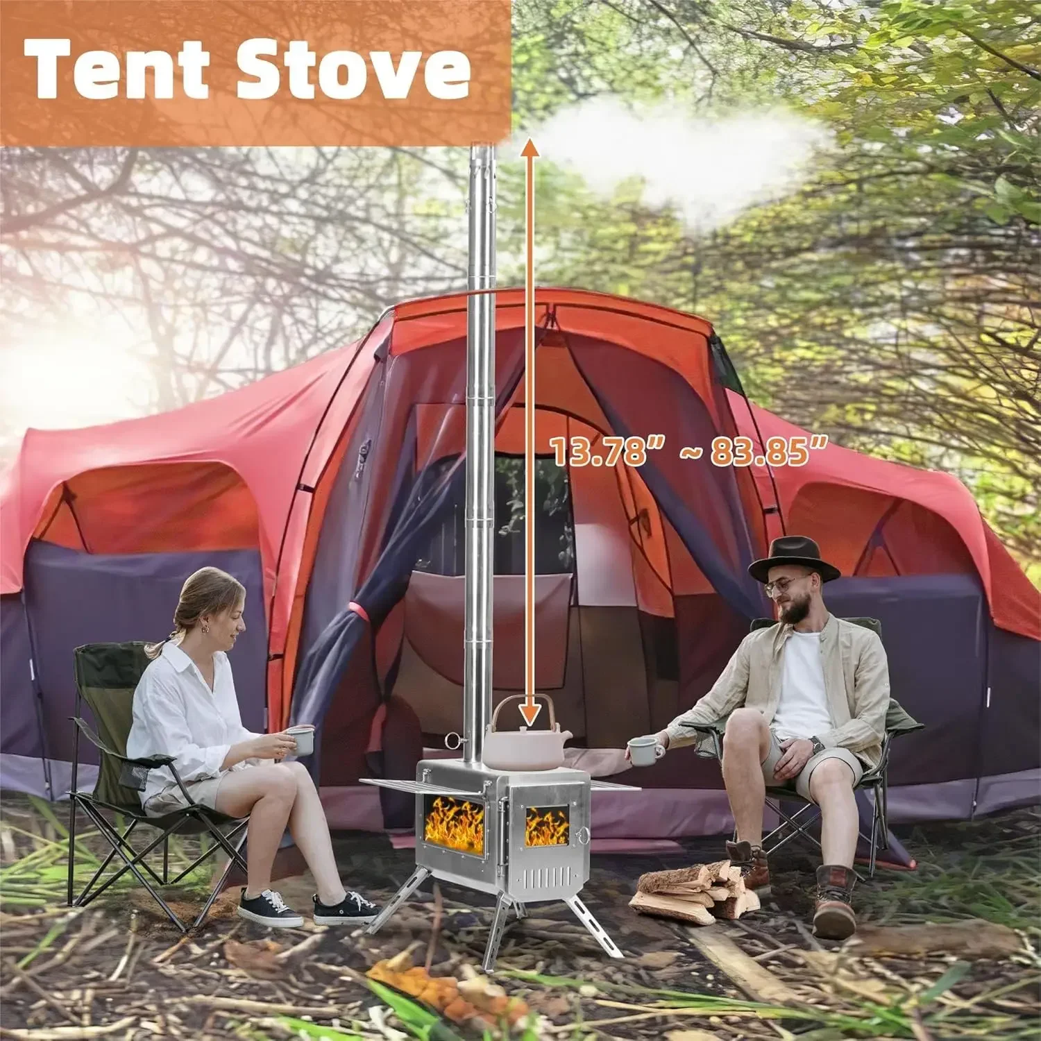 Outdoor Portable Stainless Steel Wood , 22“ Oversize Heating Burner Stove for Tent, Camping,Travel, Includes Pipe Tent Stove