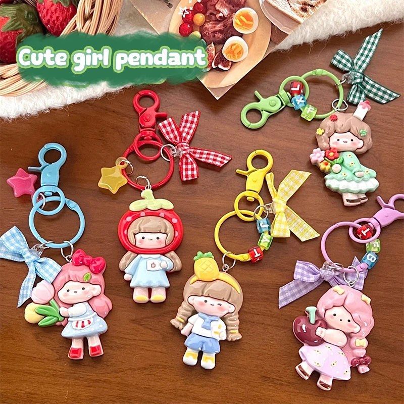 Lovely Cartoon Girls Keychain Cute Creative Resin Keyring Girly Backpack Pendant Bag Hanging Decoration Best Friend Gifts