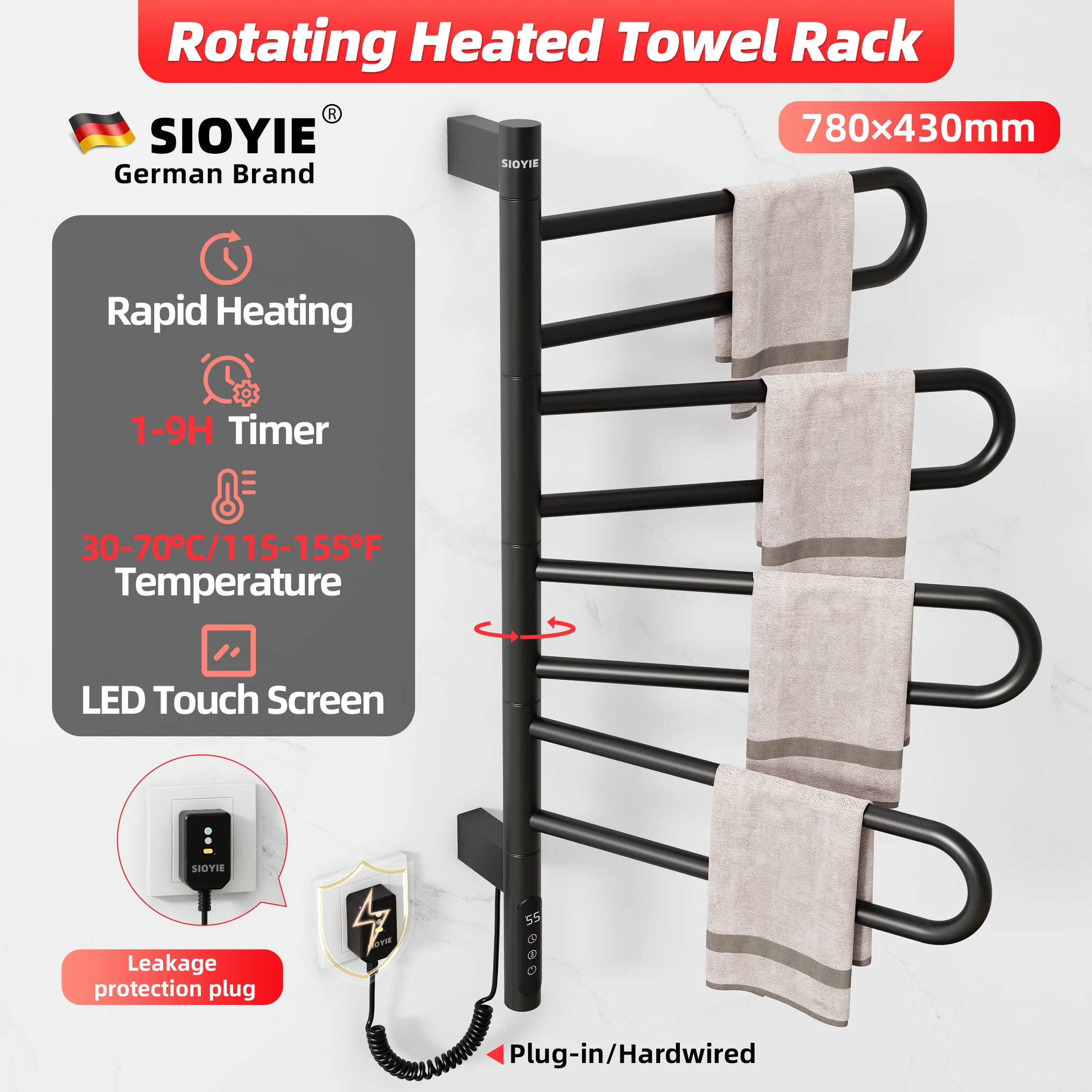 SIOYIE Electric Heated Towel Rail, Rotating Towel Warmer, Smart Bathroom Radiator, Plug-In/Hardwired Heater, Towel Dryer Rack