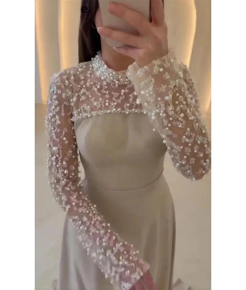 Op maat gemaakte prachtige jersey a-lijn avondjurk met lovertjes en kralen Hoge kwaliteit lange mouwen Hoge kraag فسات Mohamed 2017- 2017-