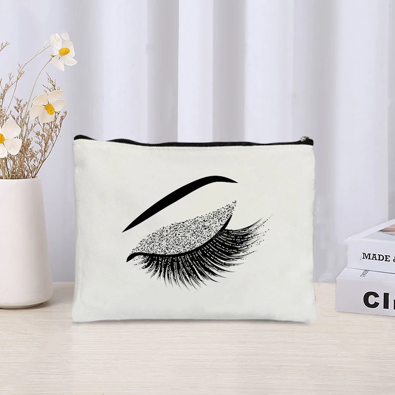 Charming Eyelashes Makeup Canvas Pouch for Ladies Portable Lipstick Air Cushion Bag Travel Toilet Kits Trendy Cosmetic Clutch