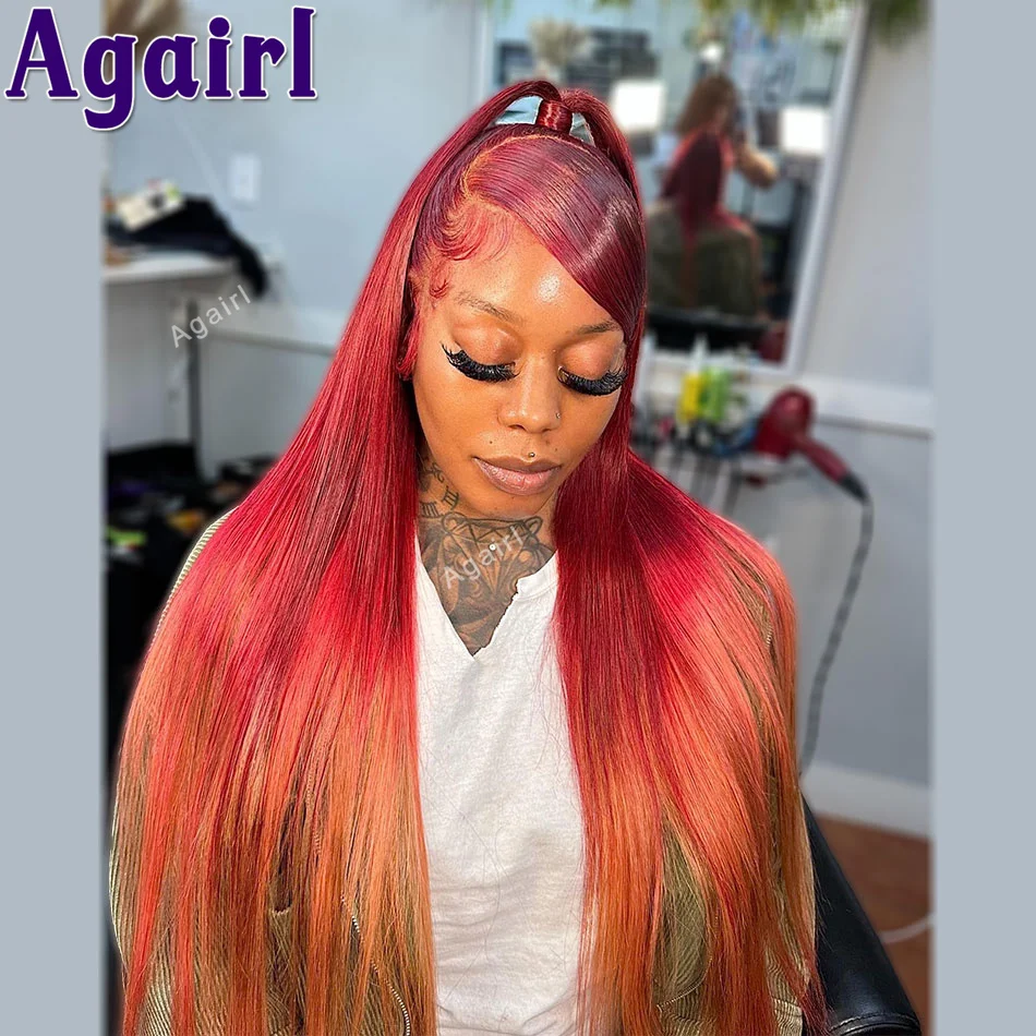 

30 32 Inch 200 Density Ombre Red Orange Colored Straight Human Hair Wigs 13X6 13X4 Lace Frontal Wigs Pre Plucked for Black Women