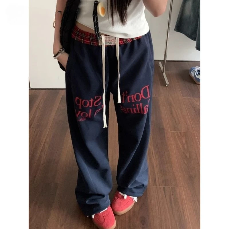 

[Retro Splicing] American Hiphop Checkered Splicing Street Dance Pants Women's Loose Straight Leg Wide Leg Pants Female Clothing