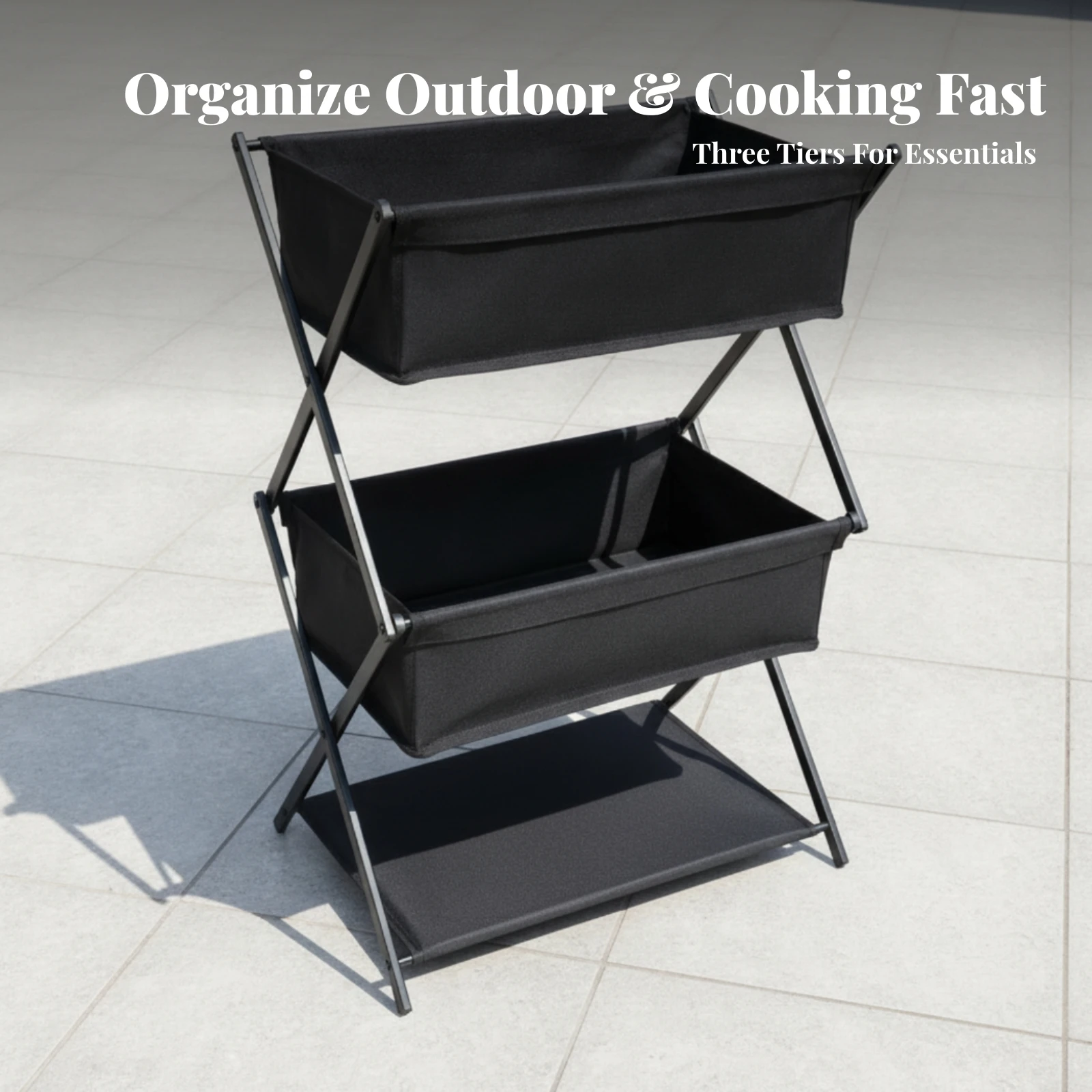 Folding Storage Rack with Cloth Bins Lightweight 3-Tier Camping Shelf Stand Heavy-Duty Furniture Stable for Campers, Picnics