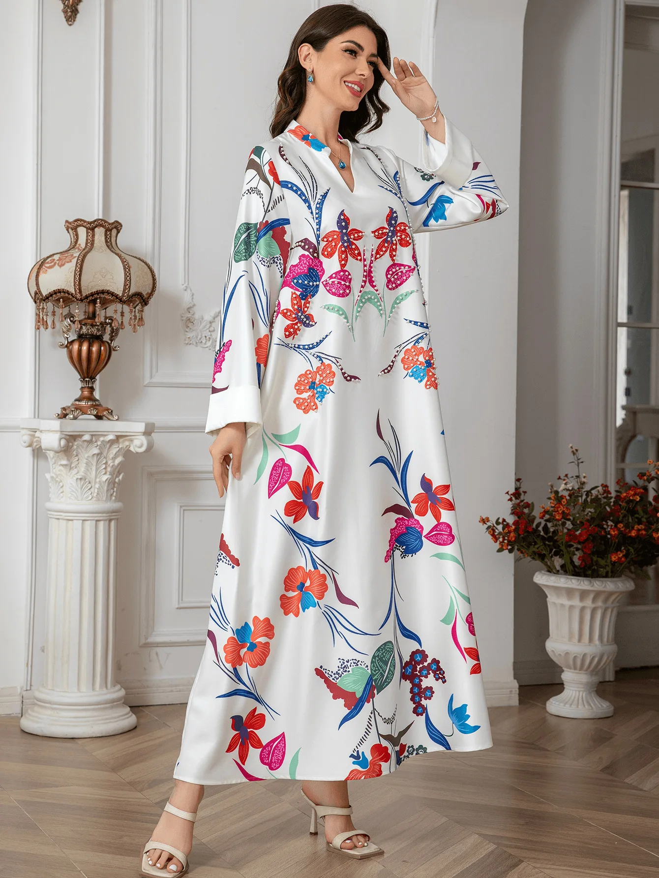 Foreign Trade Cross-border Middle East Muslim Women's Long Dress Arab Hot Sale Robe Crew Neck Print cw63365