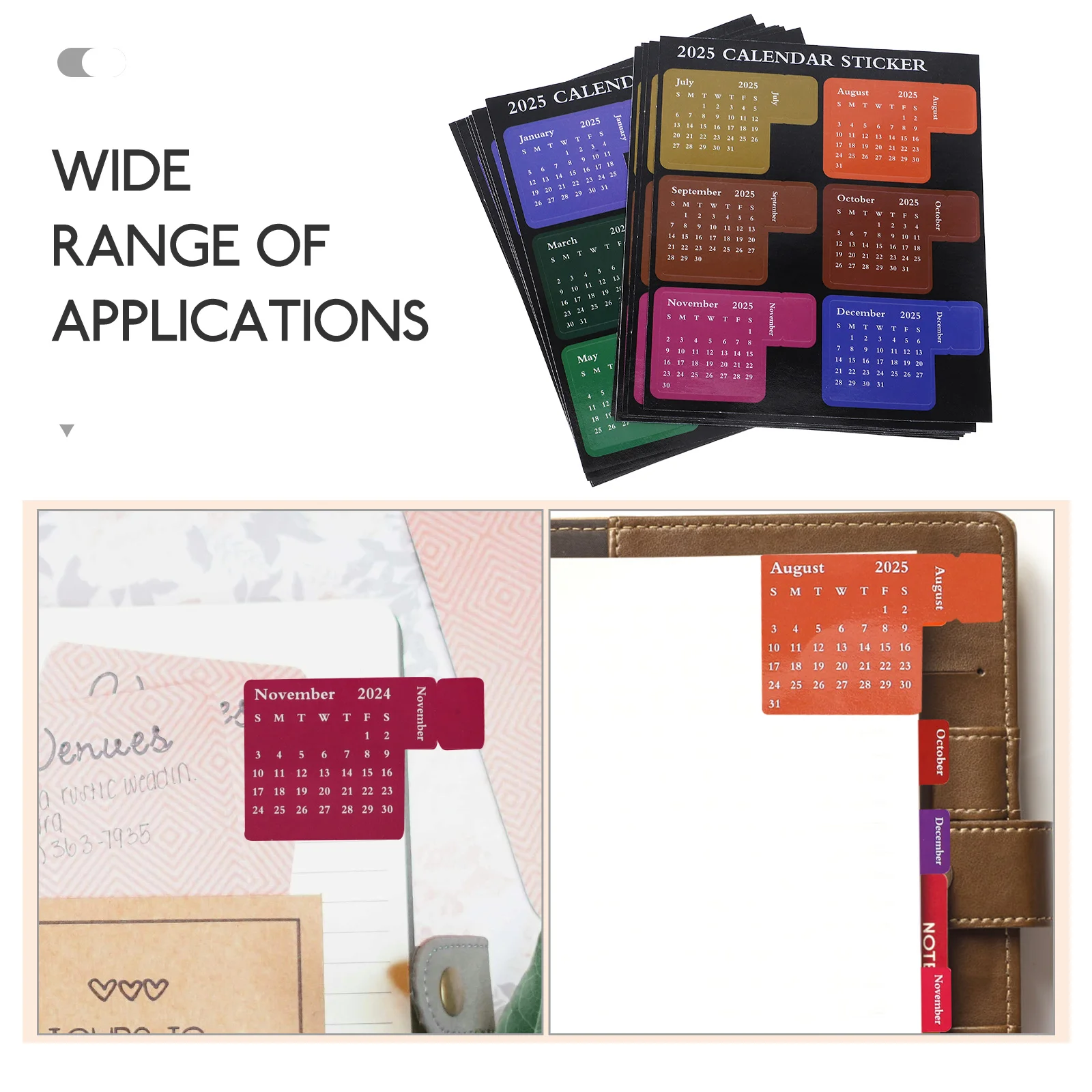 

12 Sheets Calendar Stickers Self Adhesive Monthly Index Tabs Bright Colored Notepad Decor for 2025 Planner Notebook Labels