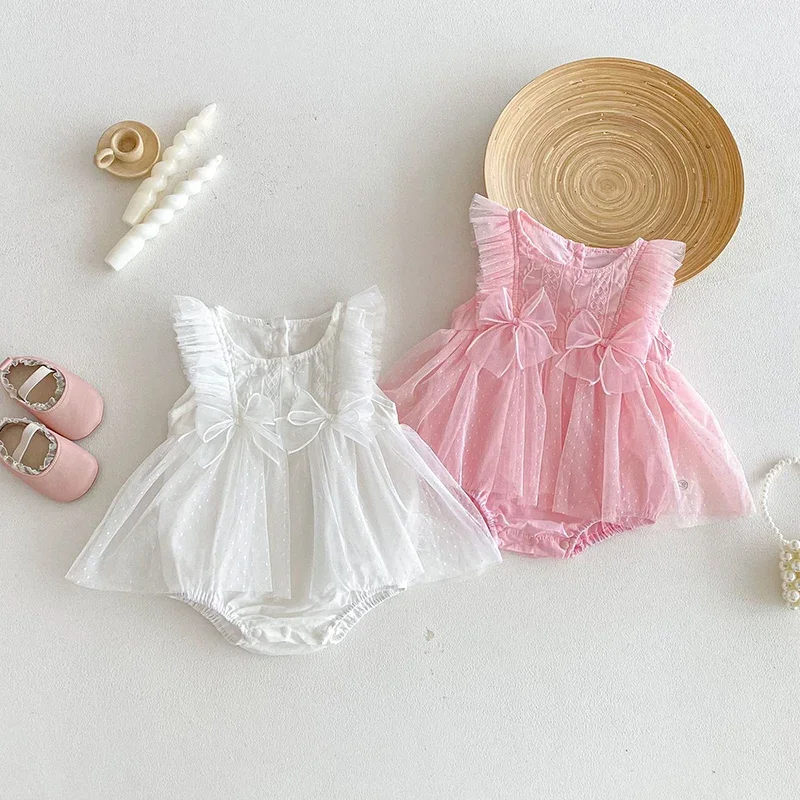 2026 New Summer Newborn Baby Girl Romper Flying Sleeve Cotton Mesh Splicing Korean Style Climbing Suit 0-24M Children Clothes
