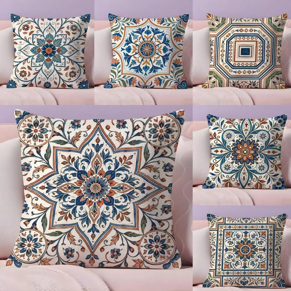 Mediterranean Tile Art Cushion Cover Pillow Case Plush Fabric Soft Double Sided Print Home Sofa High Quality Cushion