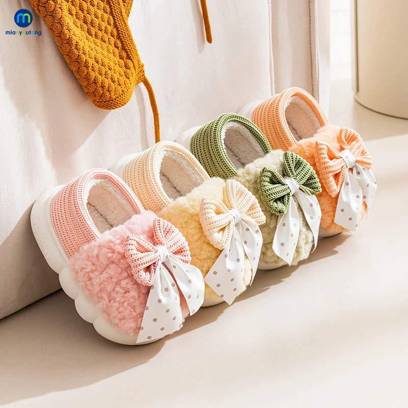 Winter Cute Children's Bow Tie Warm Plush Slippers Soft Sole Non-slip Baby Girls Indoor Home Heel Wrap Cotton Shoes Miaoyoutong