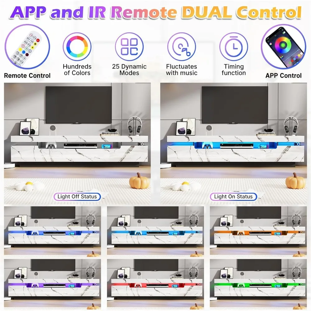 حامل تلفزيون أبيض حديث 70 بوصة لأجهزة التلفاز مقاس 75-80 بوصة، مركز ترفيه عالي اللمعان مع مساحة تخزين لغرفة المعيشة #4