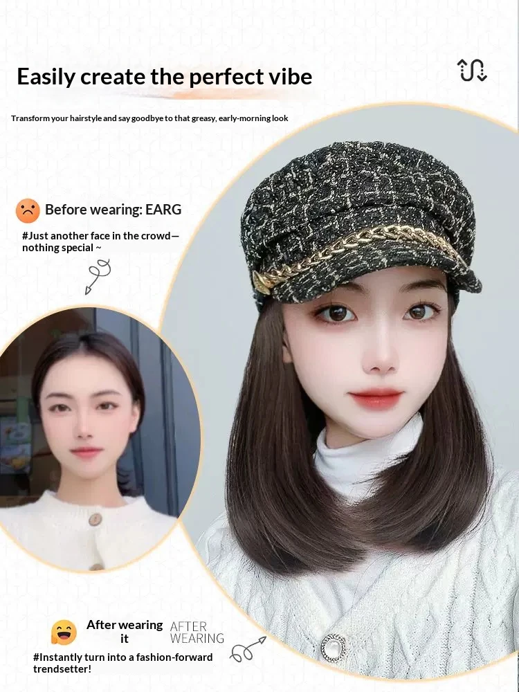 Hat Wigs 10 Inch Short Straight Hair Wigs With Tweed-Plaid-Newsboy Fiddler Cap Hat With Synthetic Hair Attached Women For Daily