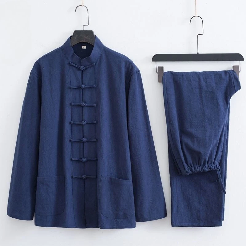 Nuevo Conjunto de Bata Larga de Algodón y Lino para Hombre, Estilo Chino, Manga Larga, Cómodo para Hombres de Mediana Edad y Mayores