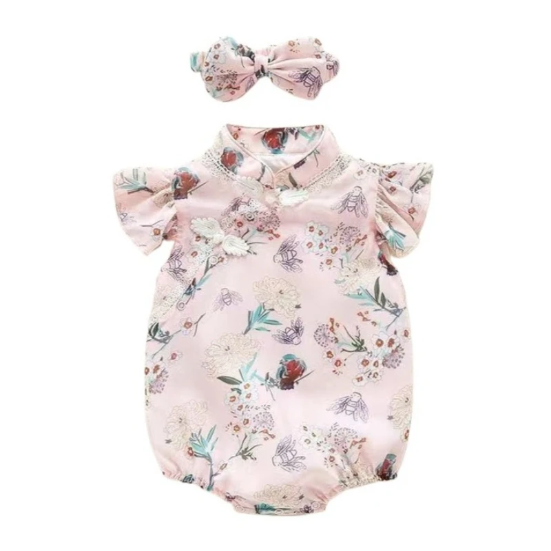 2Pcs Elegant Chinese Style Baby Romper, fashionable summer outfit, versatile bodysuit for baby girls full month and birthday