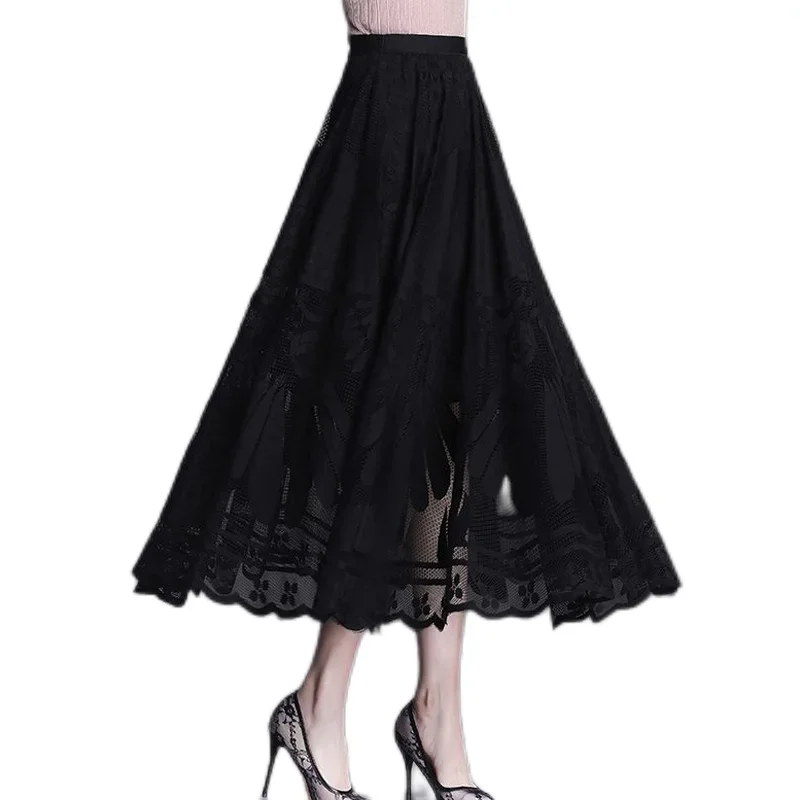 Elegant Lace Patchwork Black Skirts Spring Summer New Solid Loose Hollow Out A-line Skirt Fashion Temperament Women Clothing