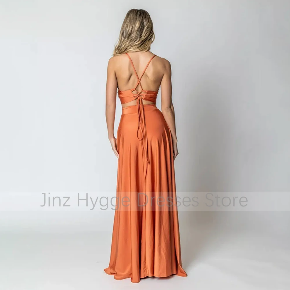 Orange Prom Dress Satin Spaghetti Straps Crop Top 2 Pieces Prom Gowns For Women High Split Backless A Line Party Dresses Long